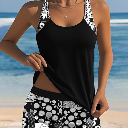 Tankini Top Liso con Short Floral Tallas Grandes