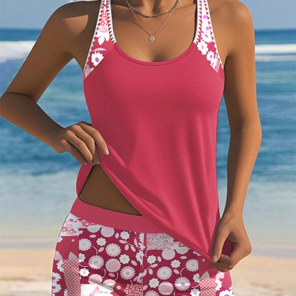 Tankini Top Liso con Short Floral Tallas Grandes