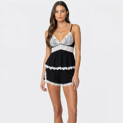 Conjunto Lencería Top y Short con Encaje Contraste