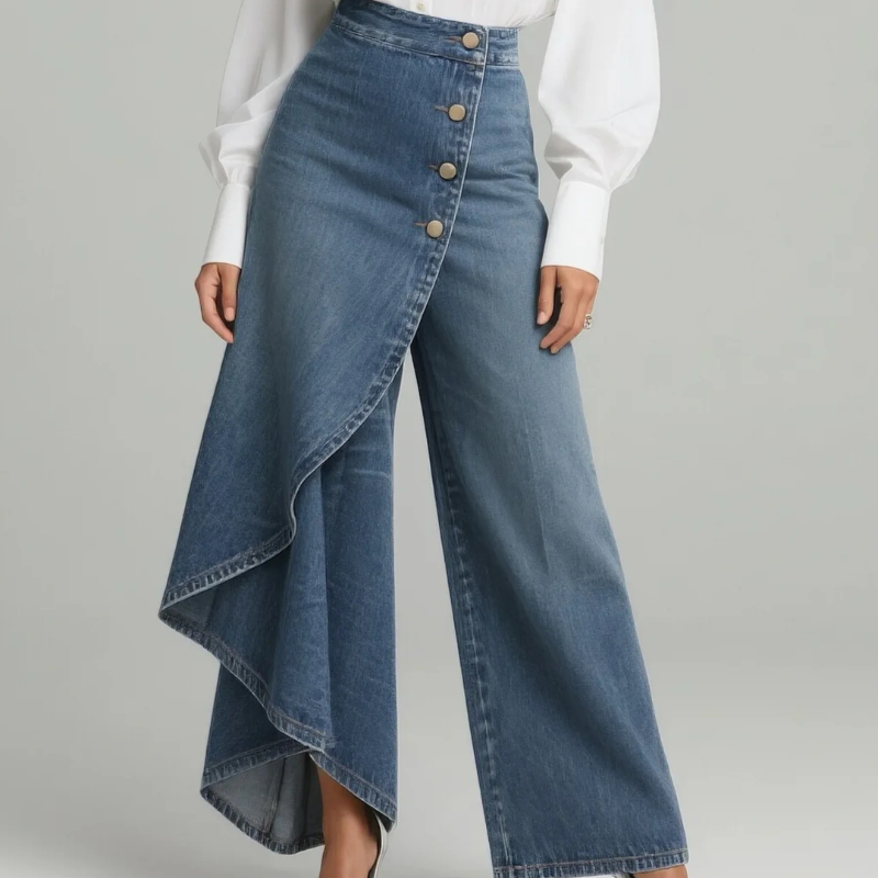 Pantalón Ancho Denim con Falda Superpuesta