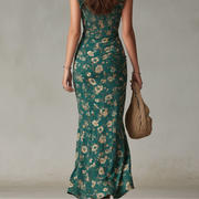 Vestido Verde Floral con Abertura y Volantes