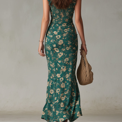 Vestido Largo Verde Floral Cuerpo Fruncido Tirantes Lazo