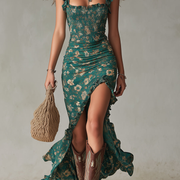 Vestido Verde Floral con Abertura y Volantes
