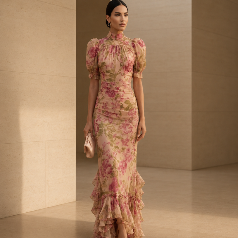 Vestido Largo Floral Rosa con Volantes Elegantes