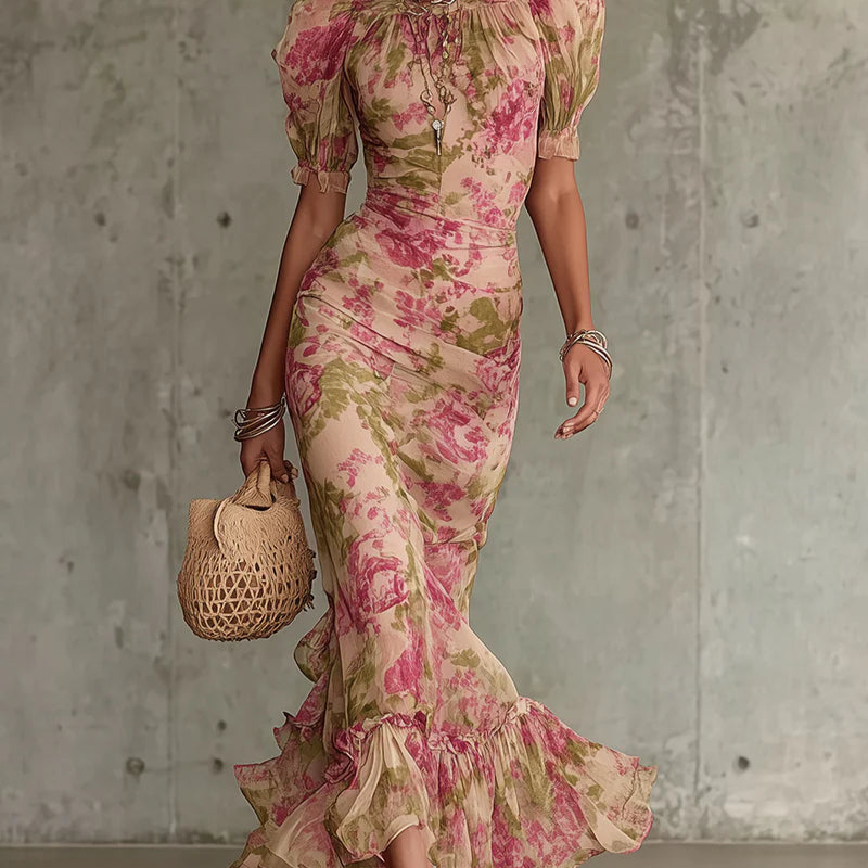 Vestido Largo Floral Rosa con Volantes Elegantes