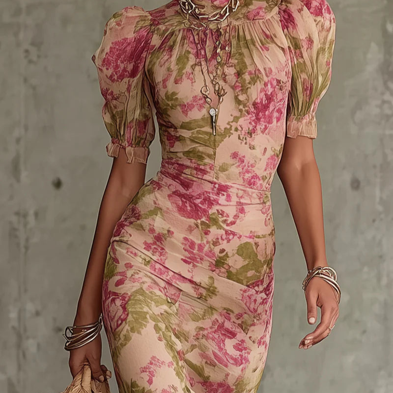 Vestido Largo Floral Rosa con Volantes Elegantes