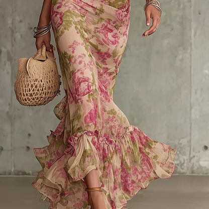 Vestido Largo Floral Rosa con Volantes Elegantes