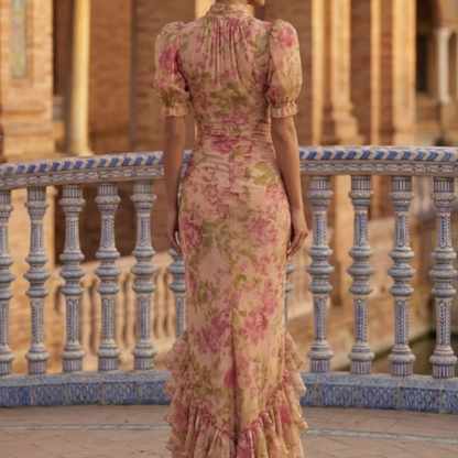 Vestido Largo Floral Rosa con Volantes Elegantes