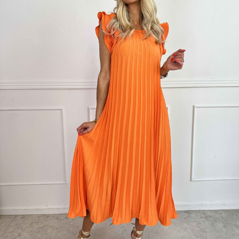 Vestido Largo Plisado con Volantes en Hombros