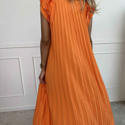 Vestido Largo Plisado con Volantes en Hombros