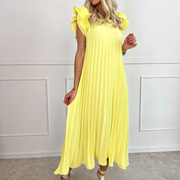 Vestido Largo Plisado con Volantes en Hombros