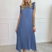 Vestido Largo Plisado con Volantes en Hombros
