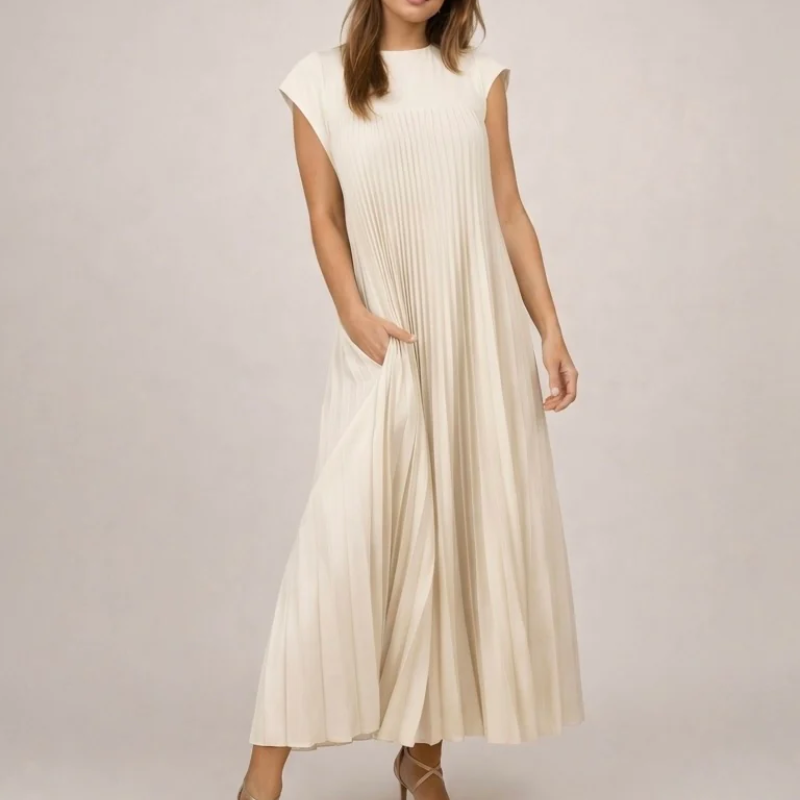 Vestido Plisado Manga Corta con Bolsillo