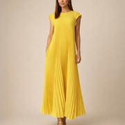 Vestido Plisado Manga Corta con Bolsillo