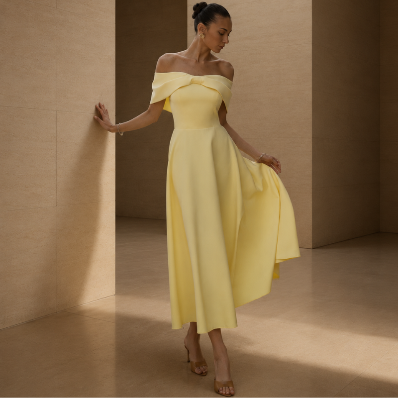 Vestido Midi Escote Bardot Amarillo