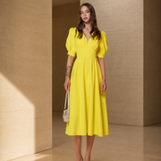 Vestido Midi Escote V Mangas Abullonadas Amarillo