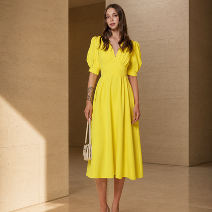 Vestido Midi Escote V Mangas Abullonadas Amarillo