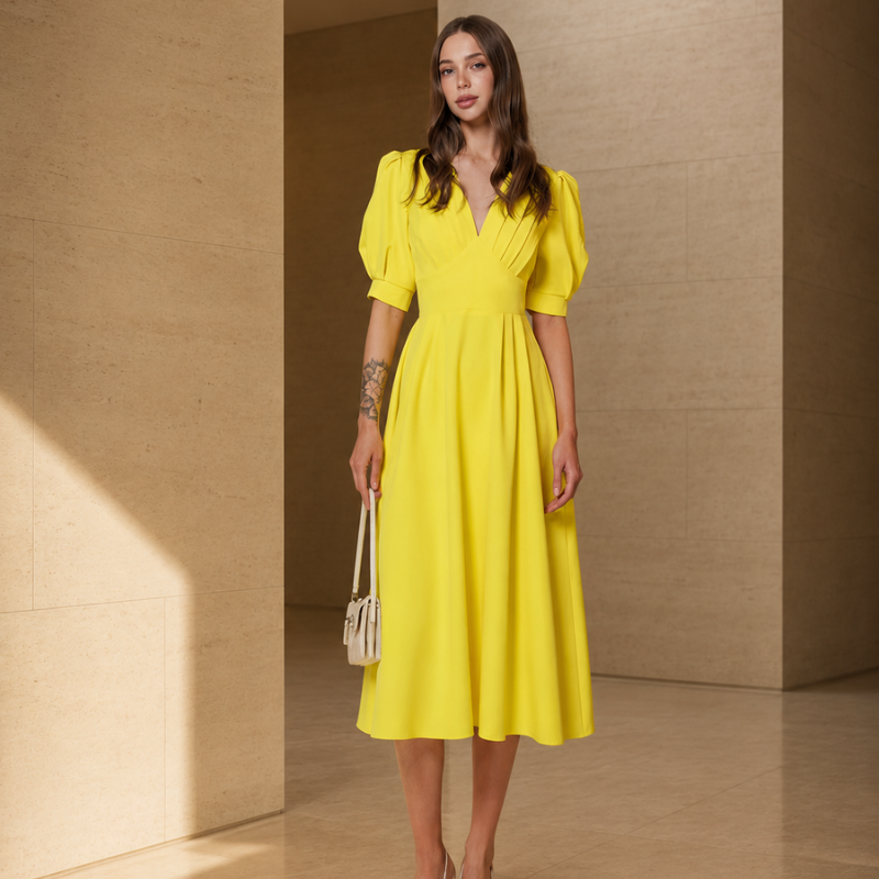 Vestido Midi Escote V Mangas Abullonadas Amarillo
