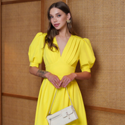 Vestido Midi Escote V Mangas Abullonadas Amarillo