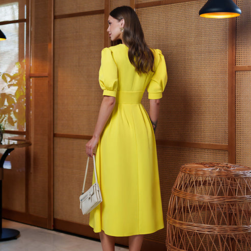 Vestido Midi Escote V Mangas Abullonadas Amarillo