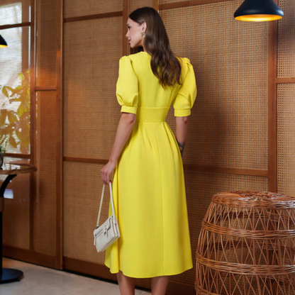 Vestido Midi Escote V Mangas Abullonadas Amarillo