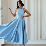 Vestido Midi Azul Cielo Halter Falda Evasé