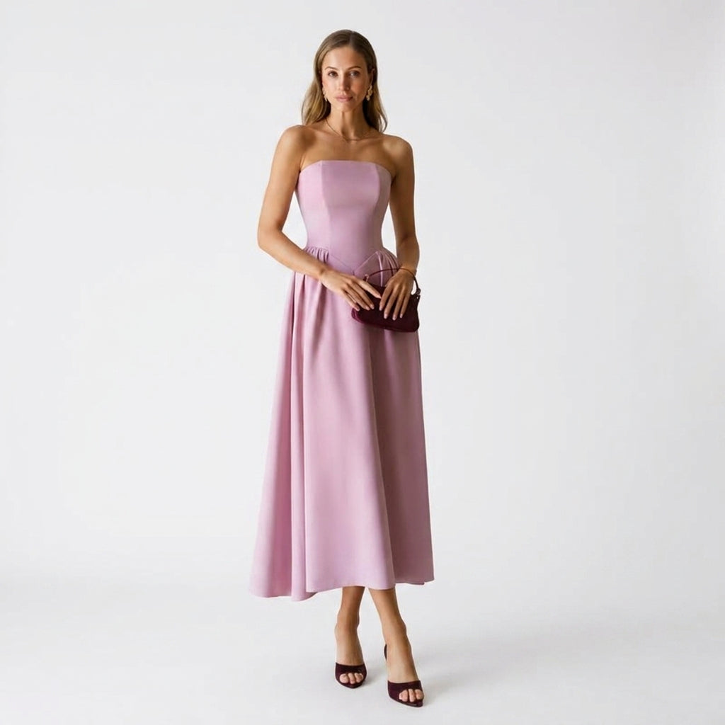 Vestido Midi Malva Strapless Corpiño Estructurado