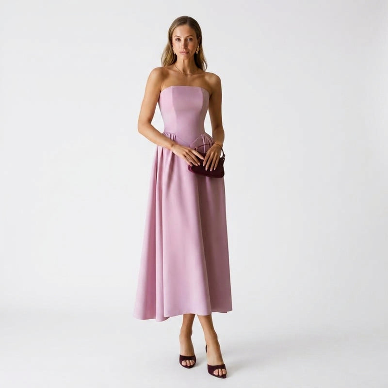 Vestido Midi Malva Strapless Corpiño Estructurado