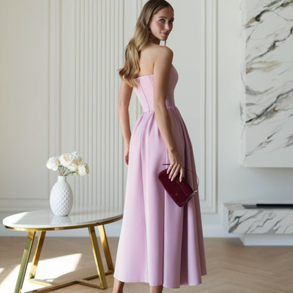 Vestido Midi Malva Strapless Corpiño Estructurado