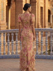 Vestido Largo Floral Rosa con Volantes Elegantes