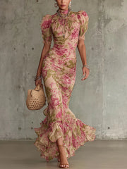 Vestido Largo Floral Rosa con Volantes Elegantes