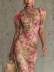Vestido Largo Floral Rosa con Volantes Elegantes