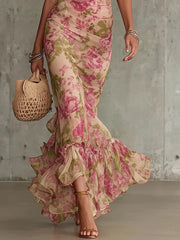 Vestido Largo Floral Rosa con Volantes Elegantes