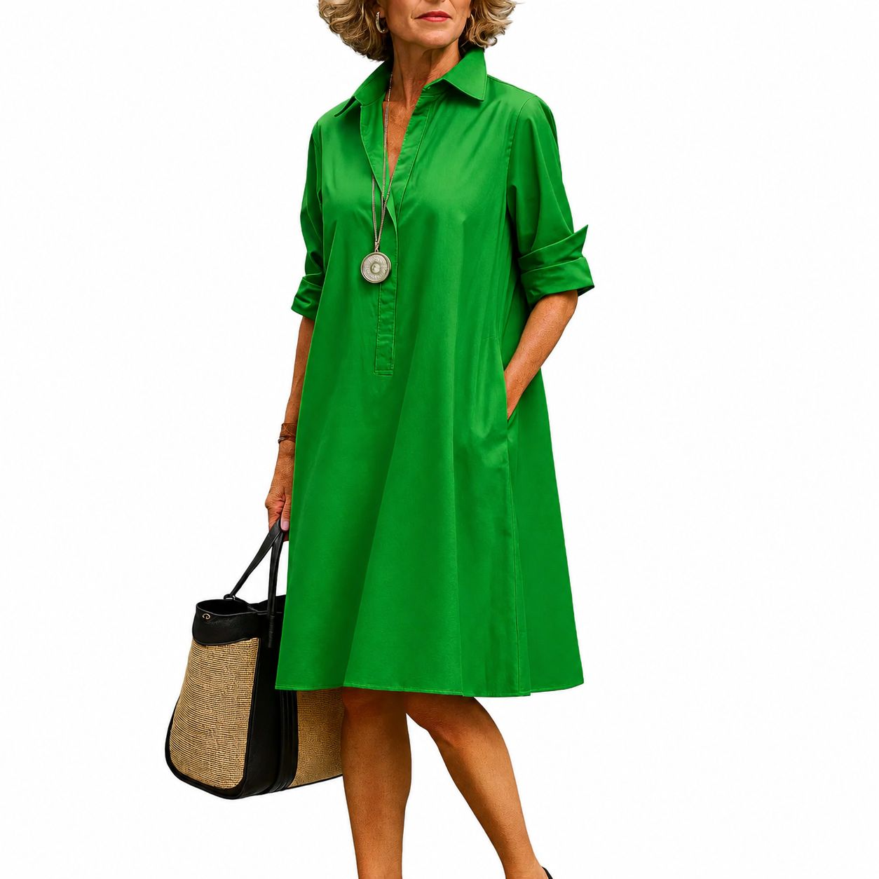 Vestido Camisero Midi Verde Liso