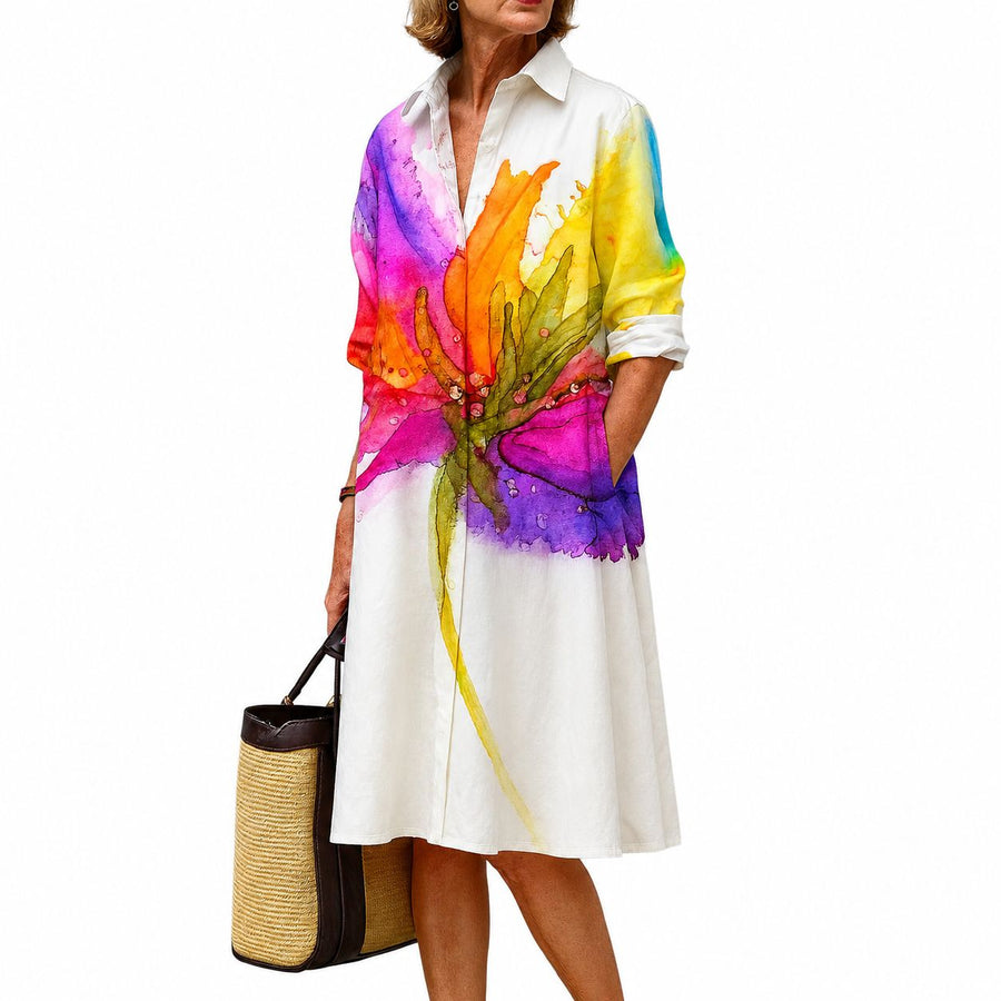 Vestido Camisero Midi Floral Acuarela Multicolor