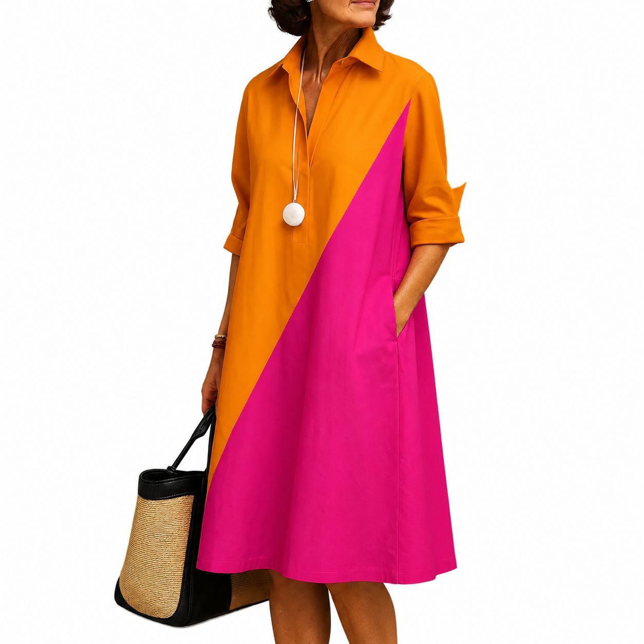 Vestido Camisero Midi Color Block Naranja y Fucsia
