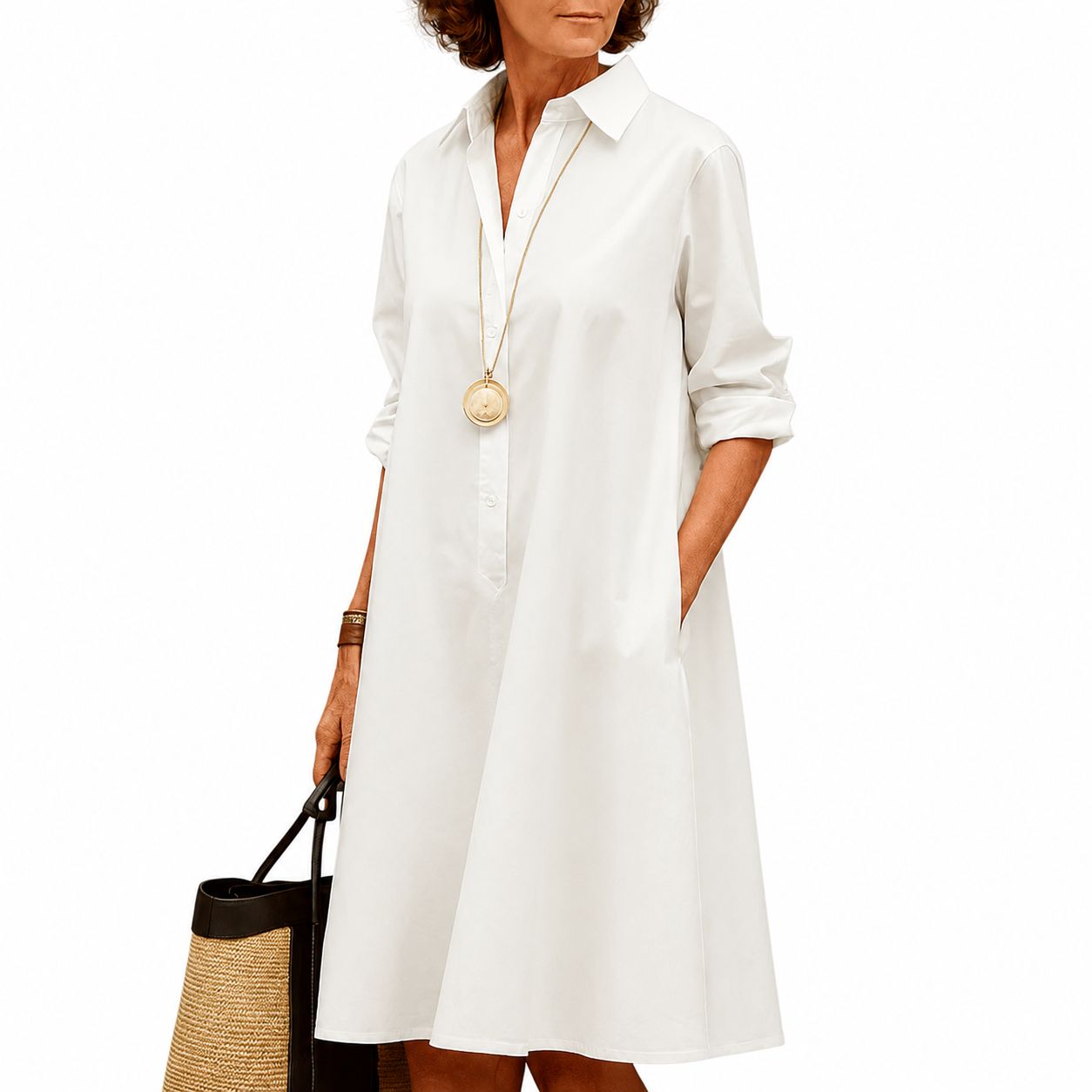 Vestido Camisero Midi Blanco Liso Manga