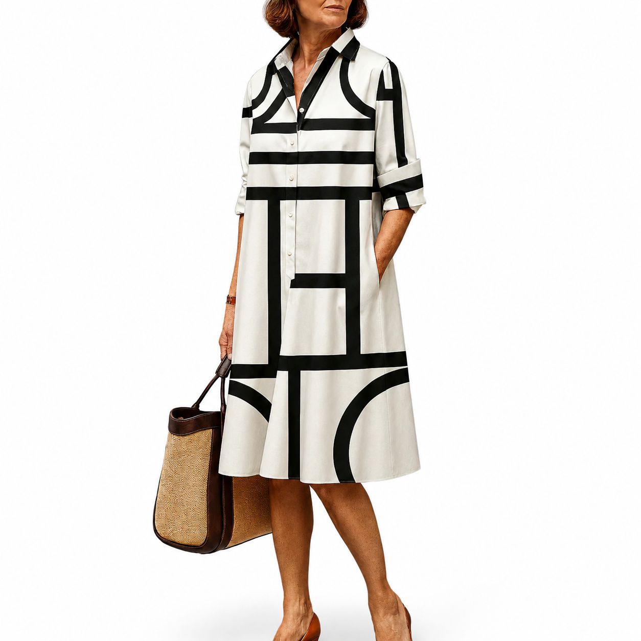 Vestido Camisero Midi Geométrico Blanco y Negro
