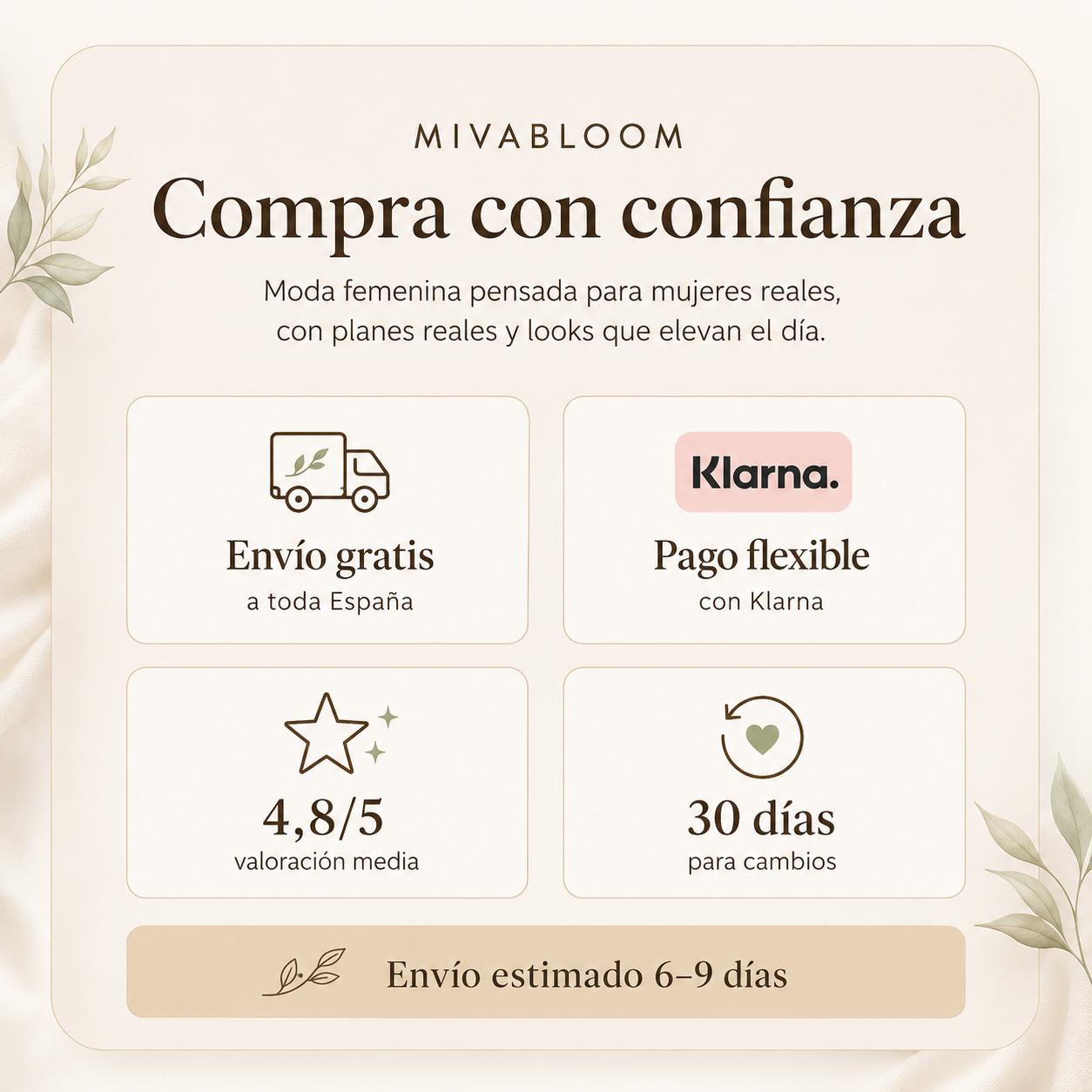 Compra con confianza en MivaBloom — envío gratis y cambios en 30 días