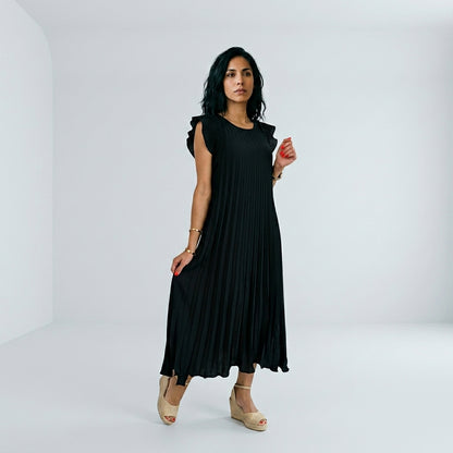 Vestido Largo Plisado con Volantes en Hombros