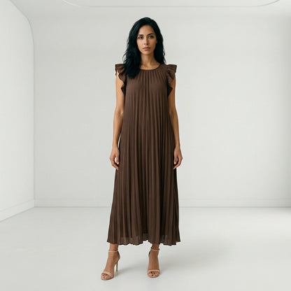 Vestido Largo Plisado con Volantes en Hombros