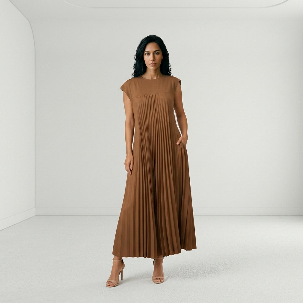 Vestido Plisado Manga Corta con Bolsillo