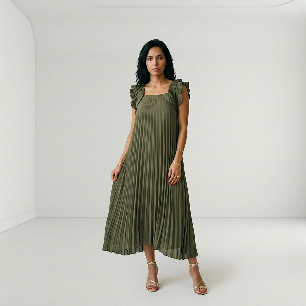 Vestido Largo Plisado con Volantes en Hombros