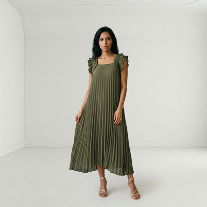 Vestido Largo Plisado con Volantes en Hombros