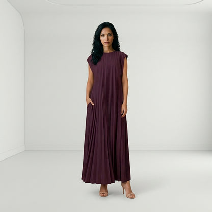 Vestido Plisado Manga Corta con Bolsillo