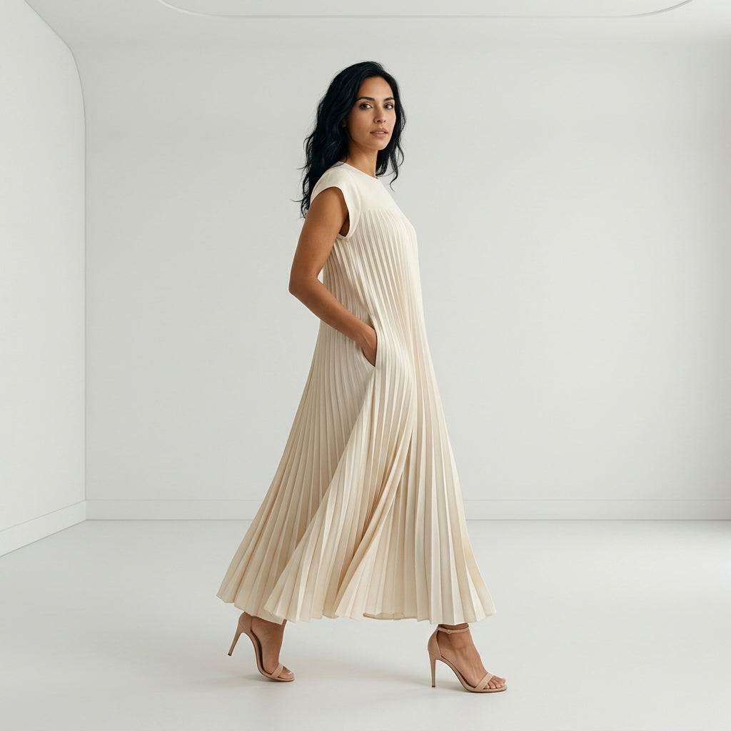 Vestido Plisado Manga Corta con Bolsillo