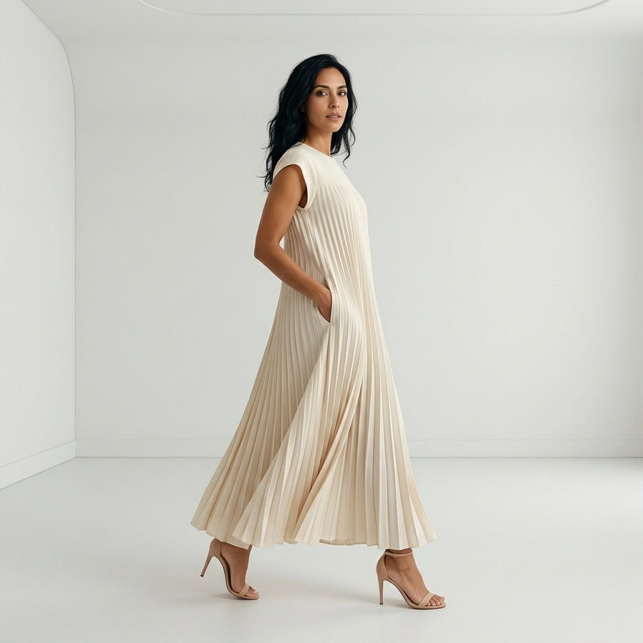 Vestido Plisado Manga Corta con Bolsillo