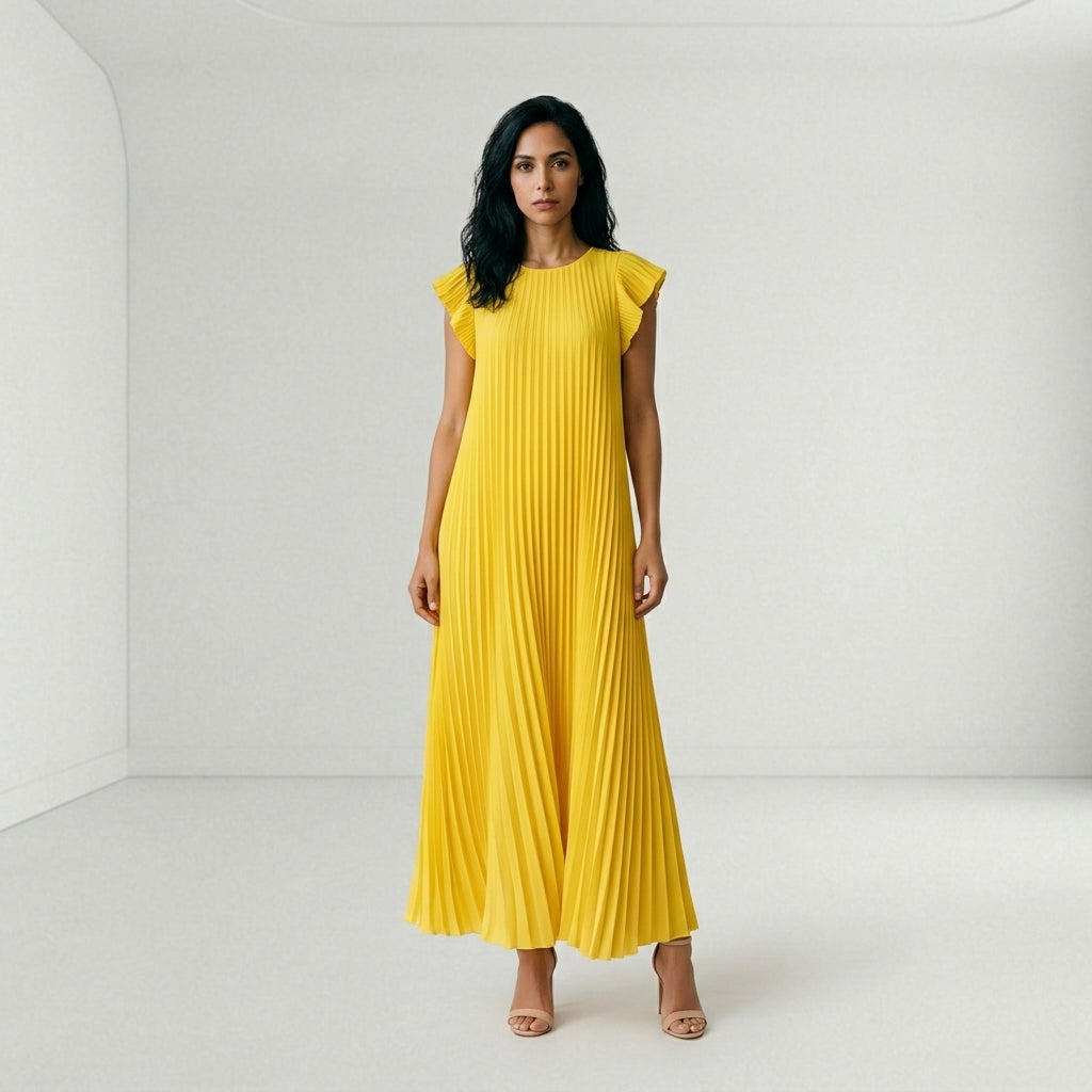 Vestido Plisado Manga Corta con Bolsillo