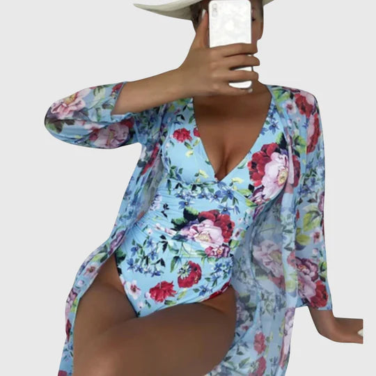 Conjunto Bañador Floral Escote V con Kimono