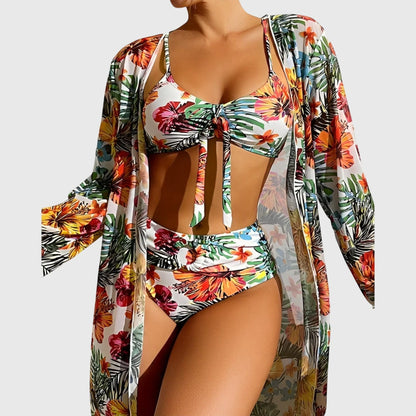 Conjunto Bikini 3 Piezas Estampado Tropical con Kimono